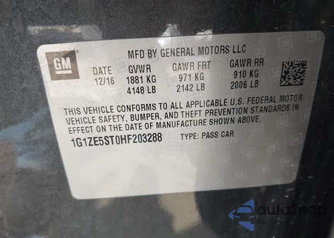 2017 Chevrolet Malibu 1Lt from USA, damaged, VIN 1G1ZE5ST0HF203288